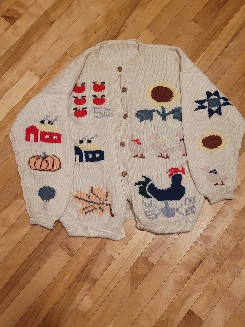 Cream Farmhouse Knit Cardigan Sweater with Farm Motifs
